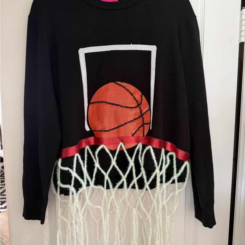 QUEEN OF SPARKLES Black Sweater with Orange Basketball and White Net Fringe